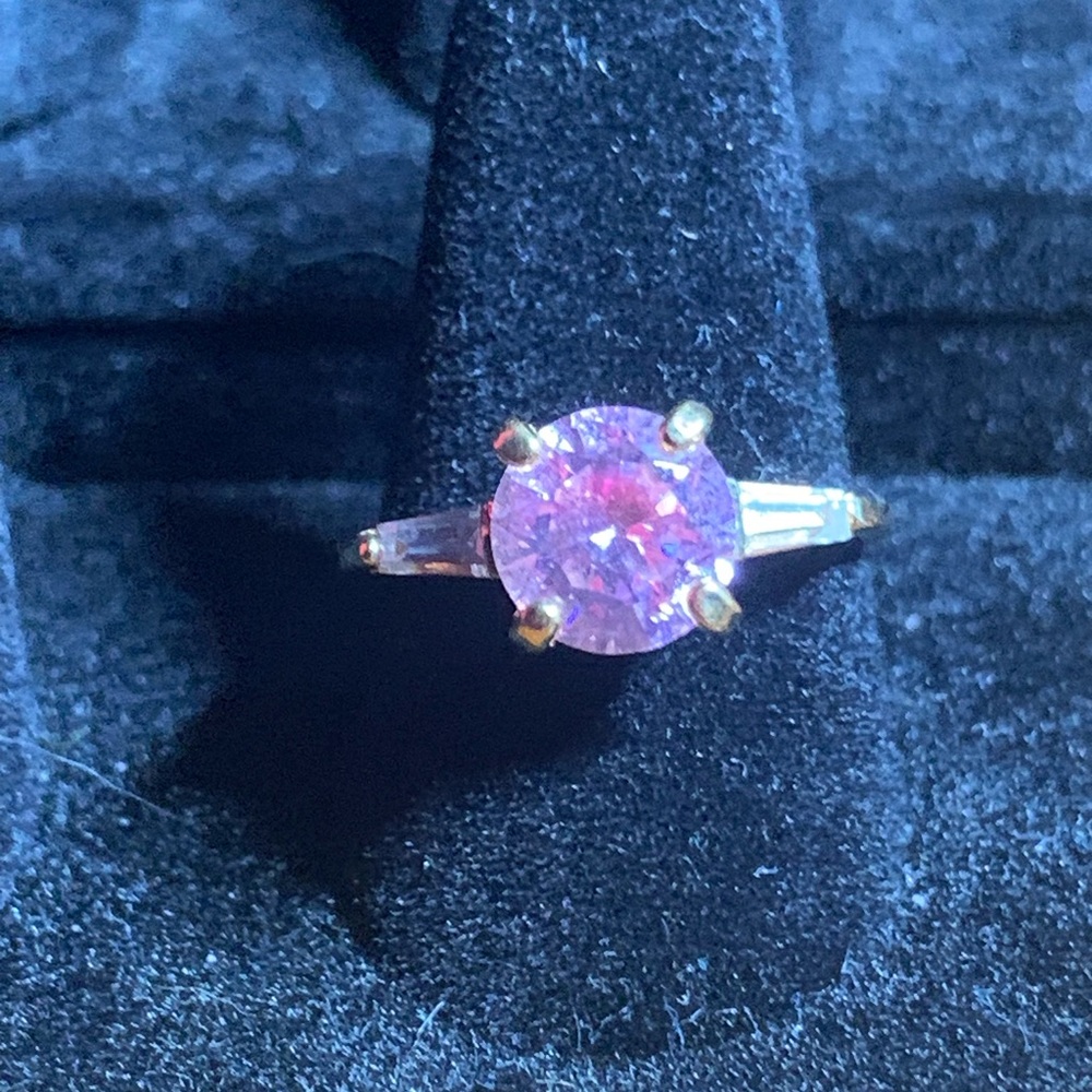 Gold Ring with Pink Round Center Stone and Baguette Accents